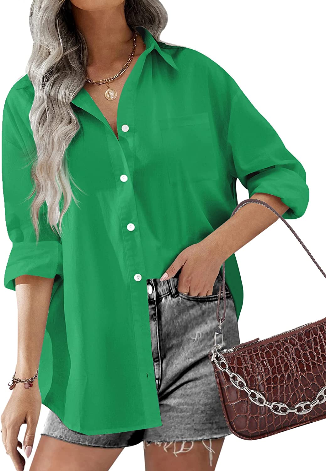 Hotouch Women Button Down Shirts Office Drop Shoulder Oversized Blouse Long Sleeve Boyfriend Dress Shirt with Pockets - Image 1
